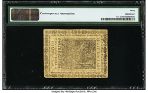 image for: Continental Currency July 22, 1776 $8 PMG Very Fine 30....
