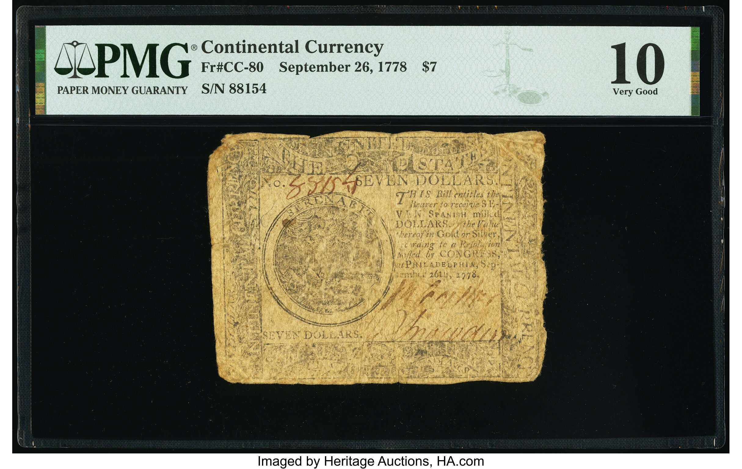 image for: Continental Currency September 26, 1778 $7 PMG Very Good 10....