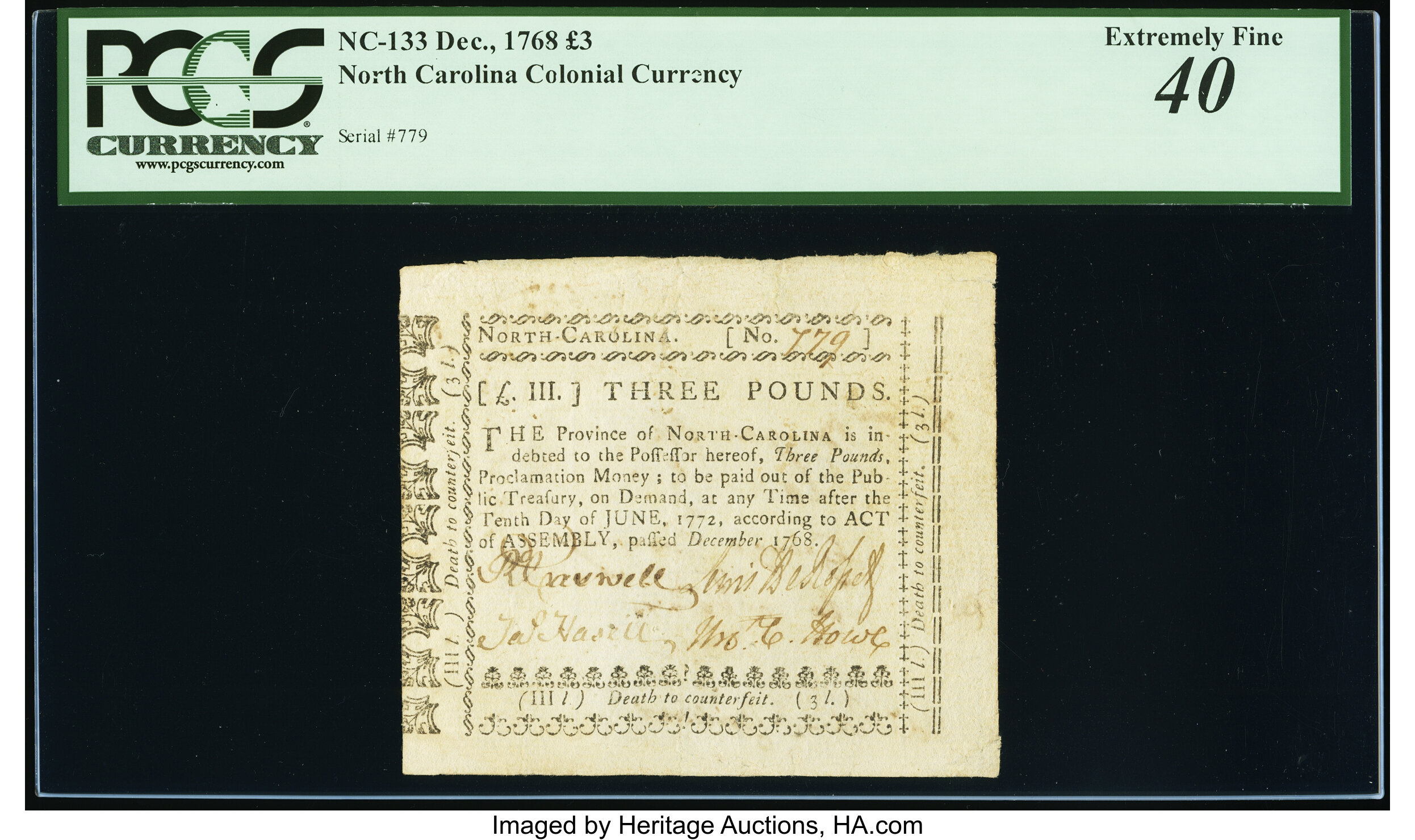 image for: North Carolina December, 1768 £3 PCGS Extremely Fine 40....