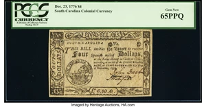 image for: South Carolina December 23, 1776 $4 Remainder PCGS Gem New 65PPQ....