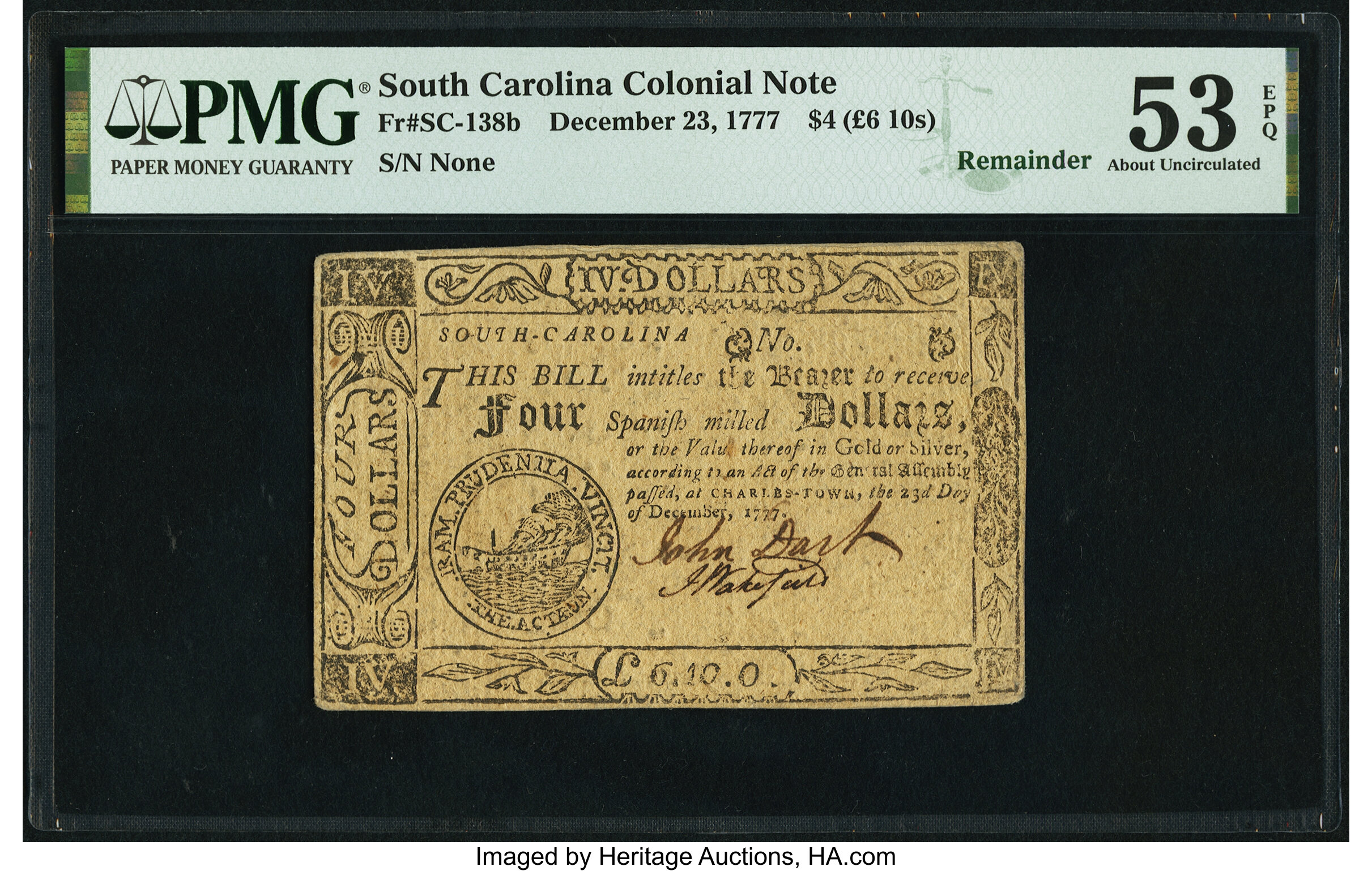image for: South Carolina December 23, 1777 (erroneously dated) $4 Remainder PMG About Uncirculated 53 EPQ....