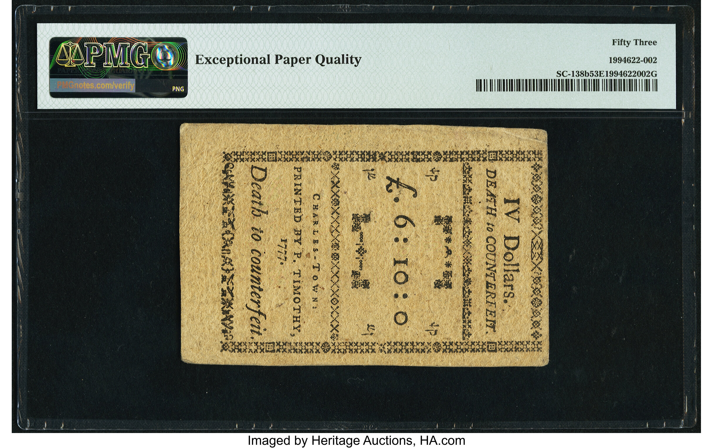 image for: South Carolina December 23, 1777 (erroneously dated) $4 Remainder PMG About Uncirculated 53 EPQ....