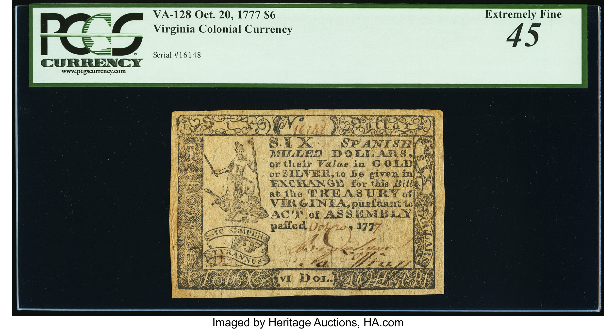image for: Virginia October 20, 1777 $6 PCGS Extremely Fine 45....