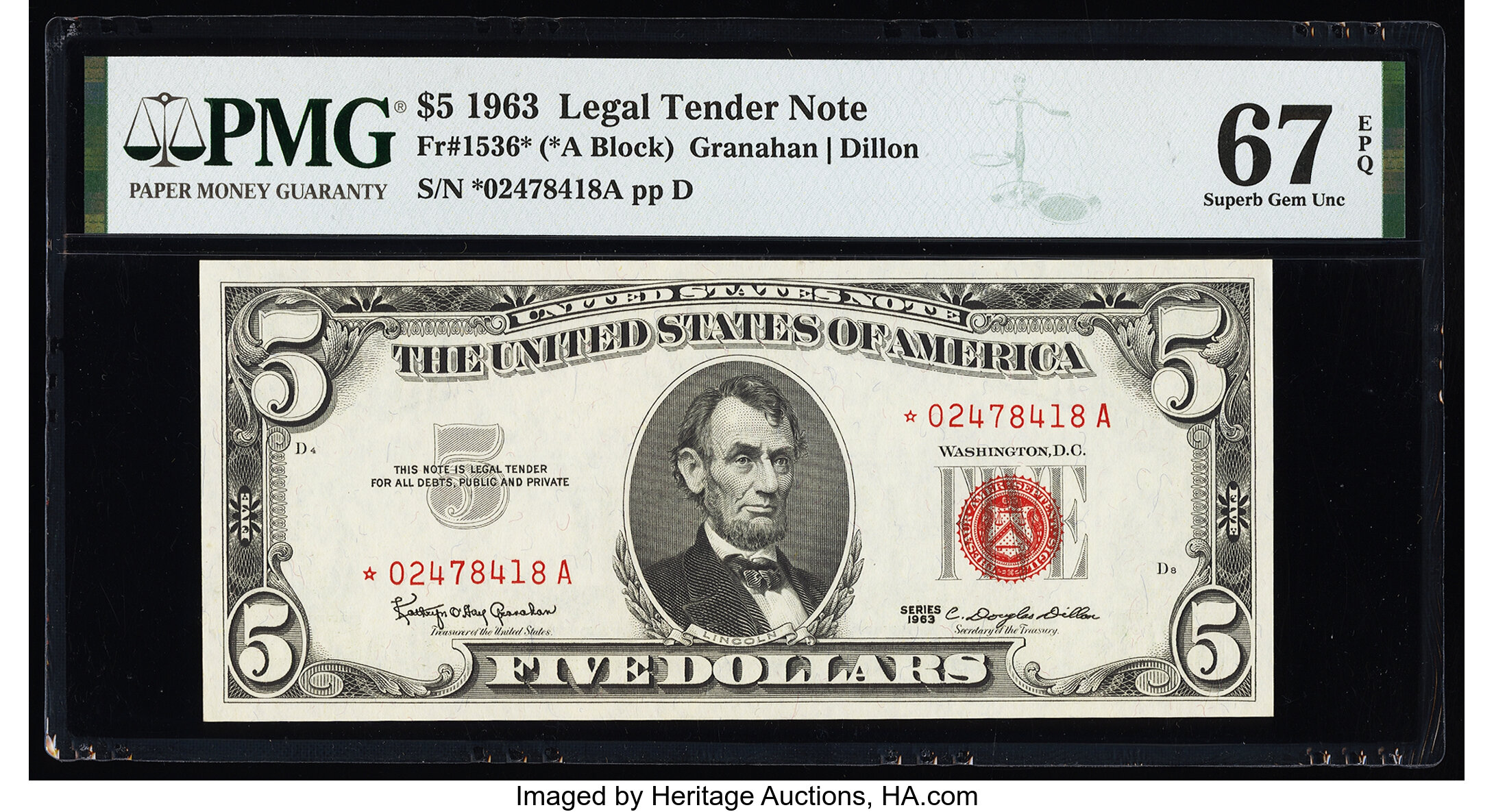 image for: Fr. 1536* $5 1963 Legal Tender Star Note. PMG Superb Gem Unc 67 EPQ....