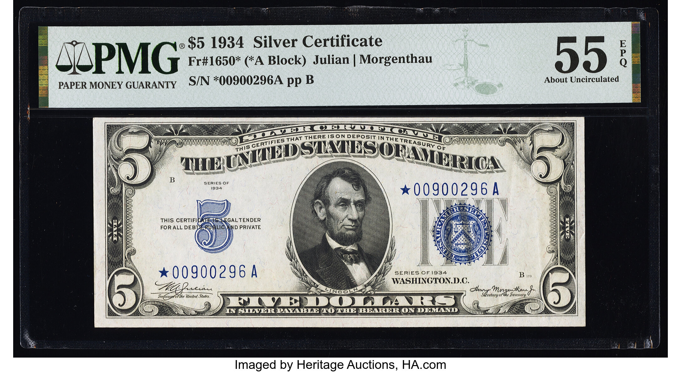 image for: Fr. 1650* $5 1934 Silver Certificate Star. PMG About Uncirculated 55 EPQ....