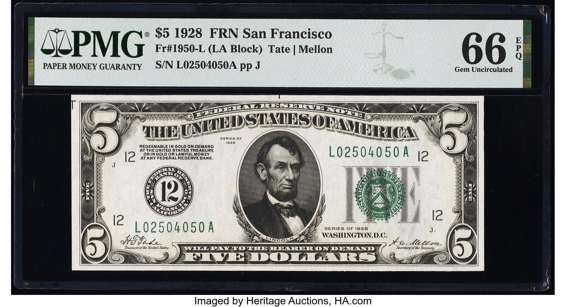 image for: Fr. 1950-L $5 1928 Federal Reserve Note. PMG Gem Uncirculated 66 EPQ....