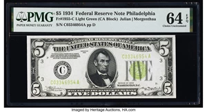 image for: Fr. 1955-C $5 1934 Federal Reserve Note. PMG Choice Uncirculated 64 EPQ....