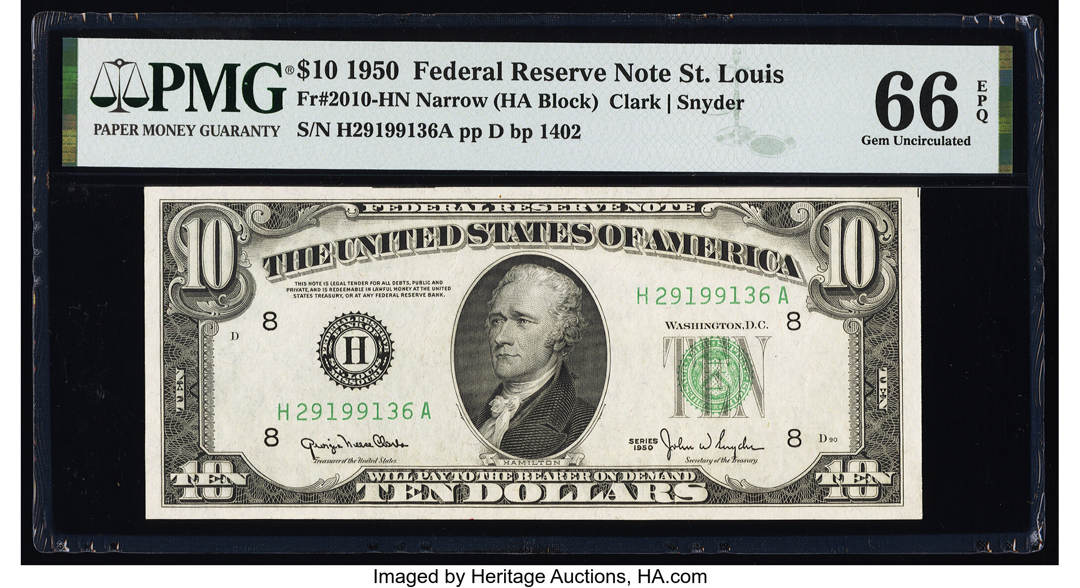 image for: Fr. 2010-H $10 1950 Narrow Federal Reserve Note. PMG Gem Uncirculated 66 EPQ....