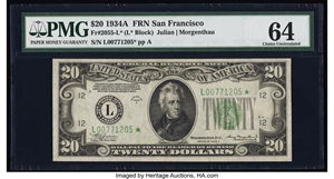 image for: Fr. 2055-L* $20 1934A Federal Reserve Star Note. PMG Choice Uncirculated 64....