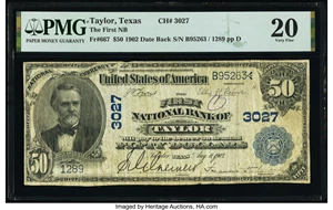image for: Taylor, TX - $50 1902 Date Back Fr. 667 The First National Bank Ch. # 3027 PMG Very Fine 20....