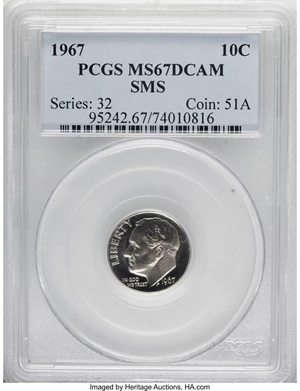 image for: 1967 10C SMS MS67 Deep Cameo PCGS. PCGS Population (9/2). NGC Census: (14/10). (#95242)...