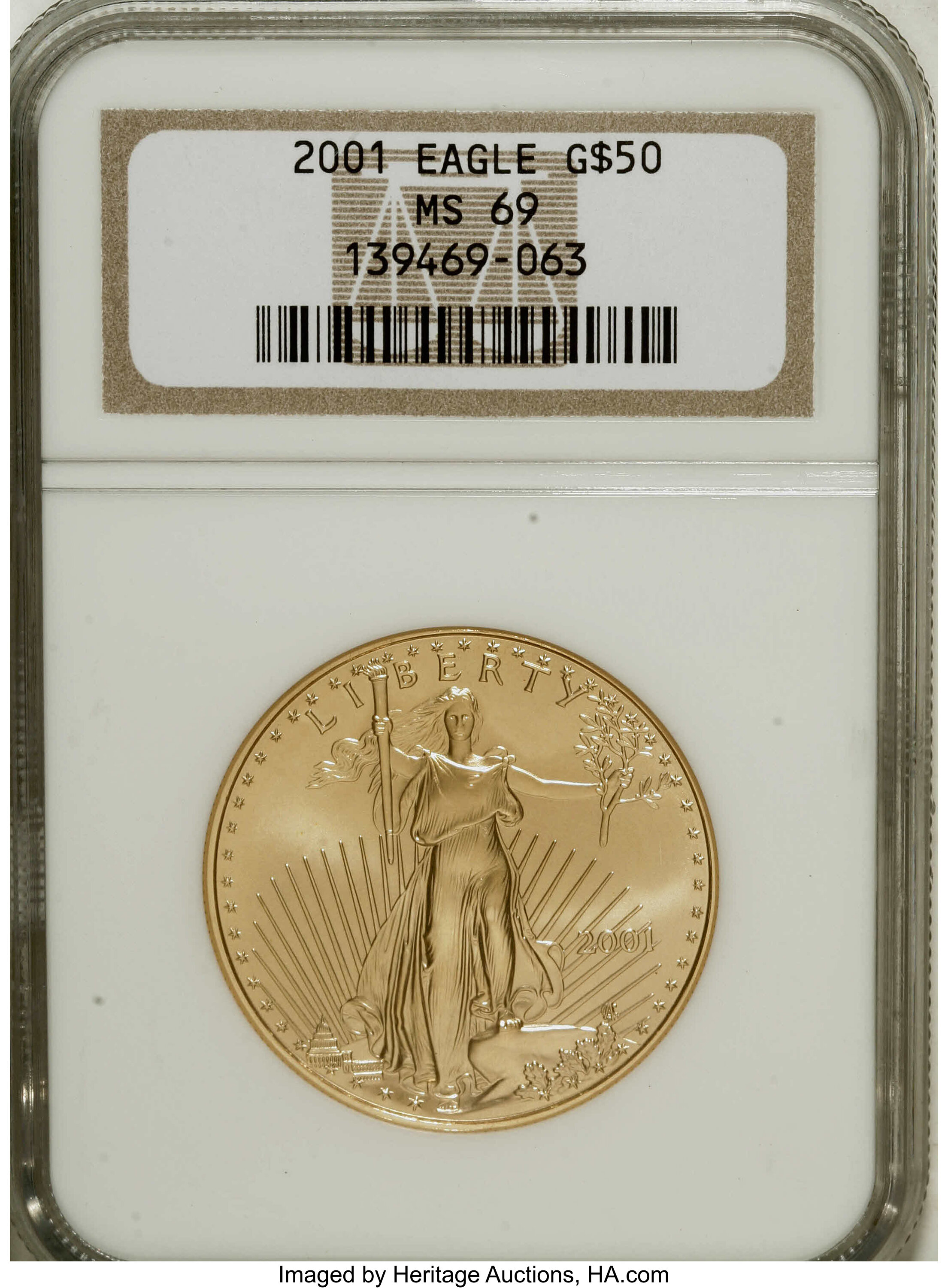 image for: 2001 G$50 One-Ounce Gold Eagle MS69 NGC. NGC Census: (0/0). PCGS Population (946/5).  Numismedia Wsl. Price for NGC/PCGS co...