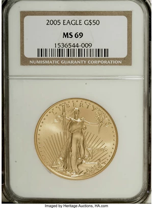 image for: 2005 G$50 One-Ounce Gold MS69 NGC. NGC Census: (0/0). PCGS Population (9333/299). Numismedia Wsl. Price for NGC/PCGS coin ...