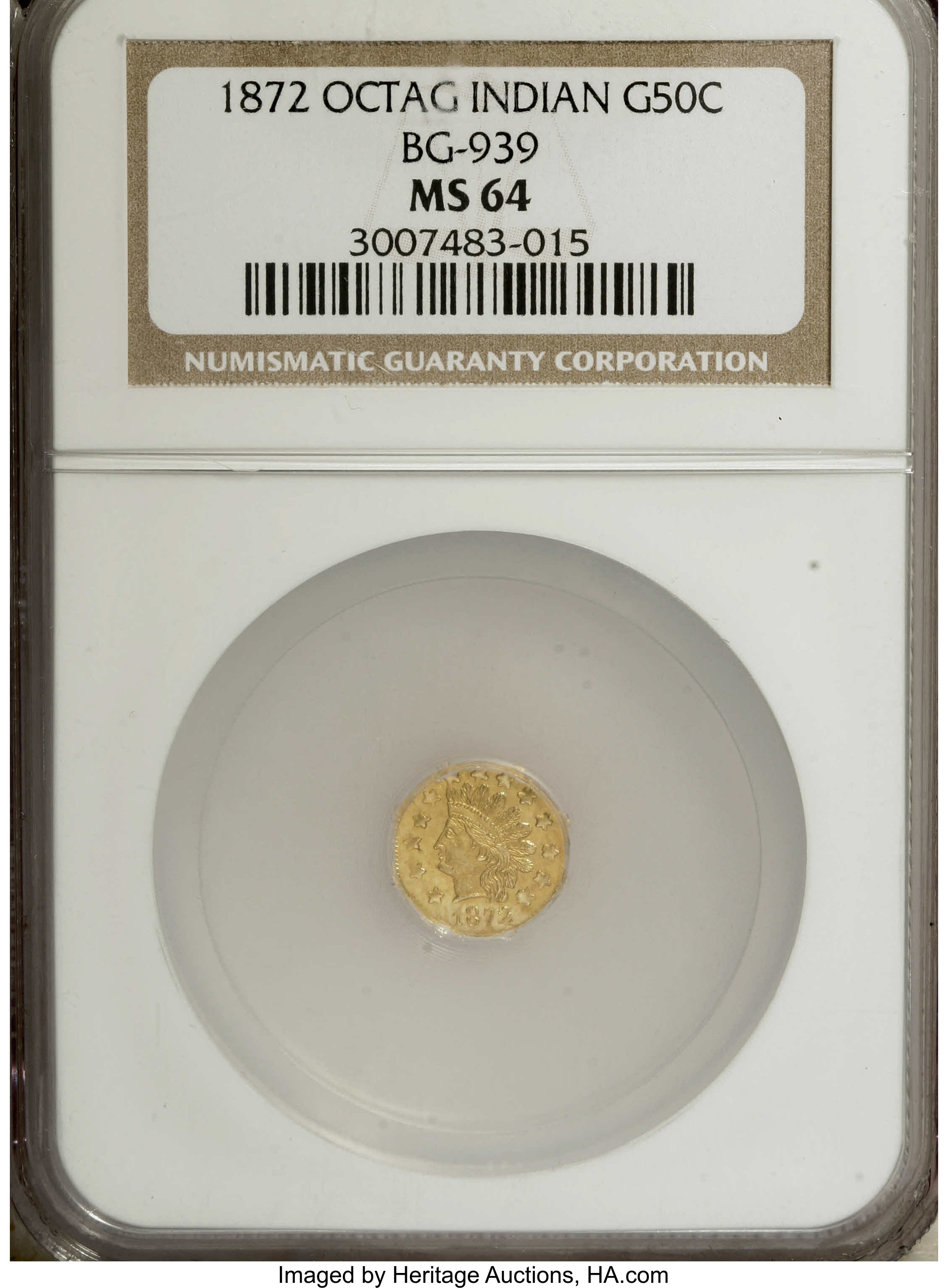 image for: 1872 50C Indian Octagonal 50 Cents, BG-939, Low R.5, MS64 NGC. NGC Census: (2/2). PCGS Population (14/1).   (#10797)...