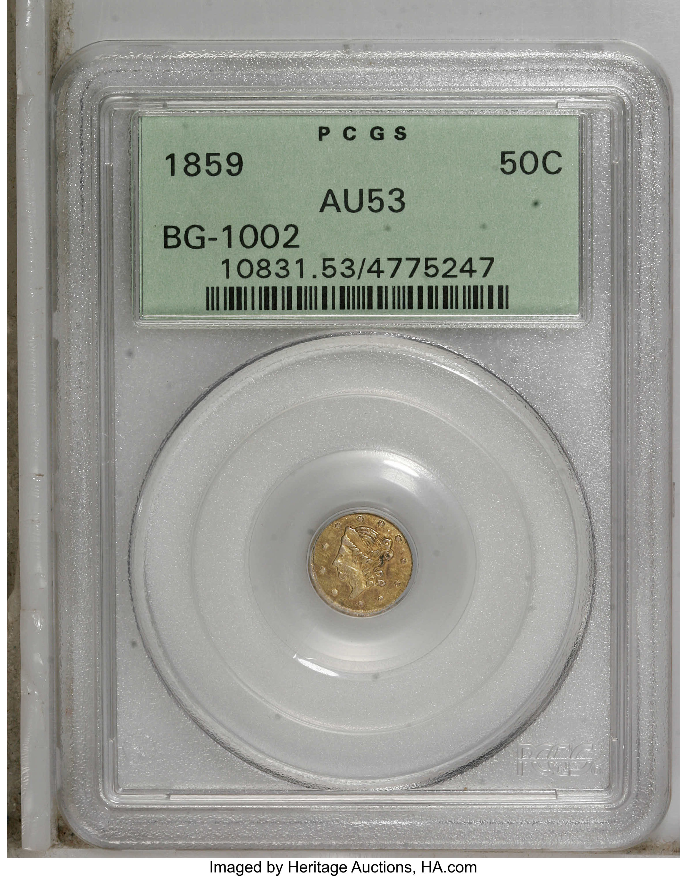 image for: 1859 50C Liberty Round 50 Cents, BG-1002, High R.4, AU53 PCGS. PCGS Population (1/49). NGC Census: (0/10).   (#10831)...