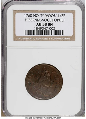 image for: 1760 1/2P Hibernia-Voce Populi Halfpenny, P Before Face AU58 NGC. NGC Census: (0/0). PCGS Population (0/1). (#271)...