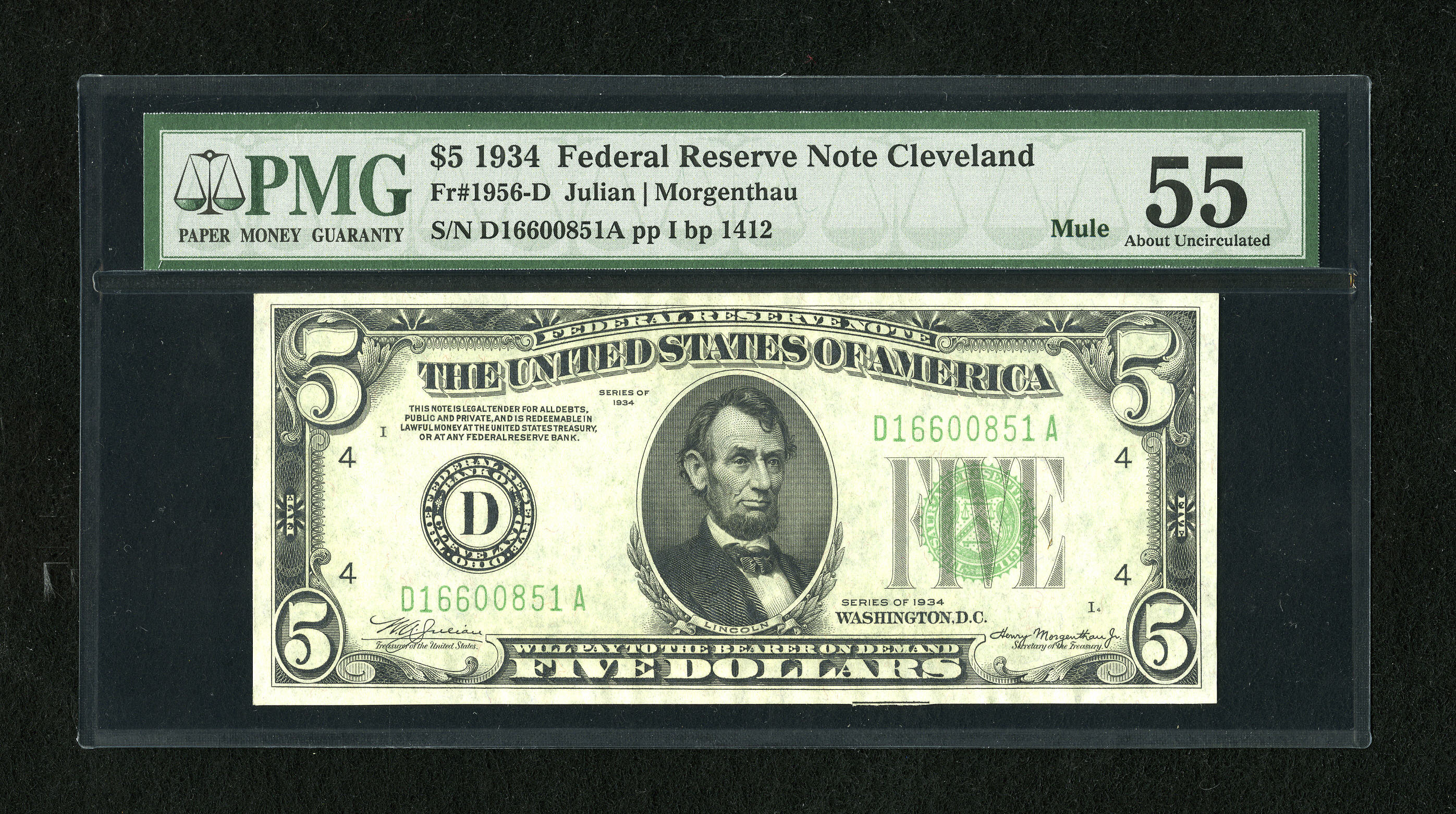 image for: Fr. 1956-D $5 1934 Mule Federal Reserve Note. PMG About Uncirculated 55....