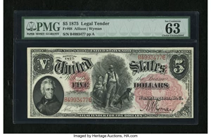 image for: Fr. 68 $5 1875 Legal Tender PMG Choice Uncirculated 63 EPQ.