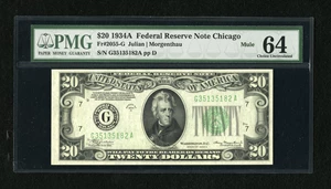image for: Fr. 2055-G $20 1934A Federal Reserve Note Mule. PMG Choice Uncirculated 64....