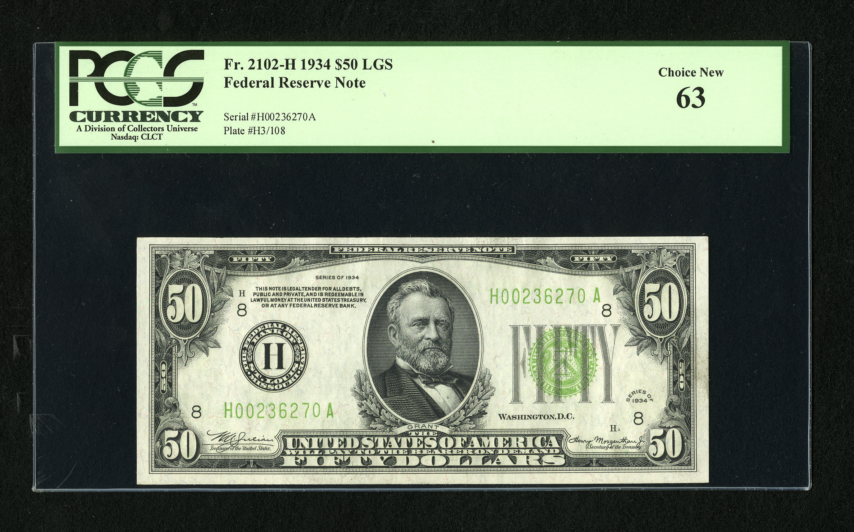 image for: Fr. 2102-H $50 1934 Light Green Seal Federal Reserve Note. PCGS Choice New 63.A nice LGS note with more than ample margins...