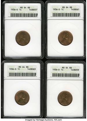 image for: (4)1936-D 1C MS64 Red and Brown ANACS.... (Total: 4 Coins)