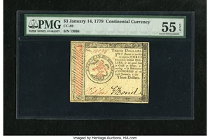 image for: Continental Currency January 14, 1779 $3 PMG About Uncirculated 55 EPQ....