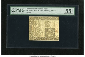 image for: Connecticut June 19, 1776 1s/3d Uncancelled PMG About Uncirculated 55 EPQ.