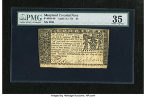 image for: Maryland April 10, 1774 $4 PMG Choice Very Fine 35.