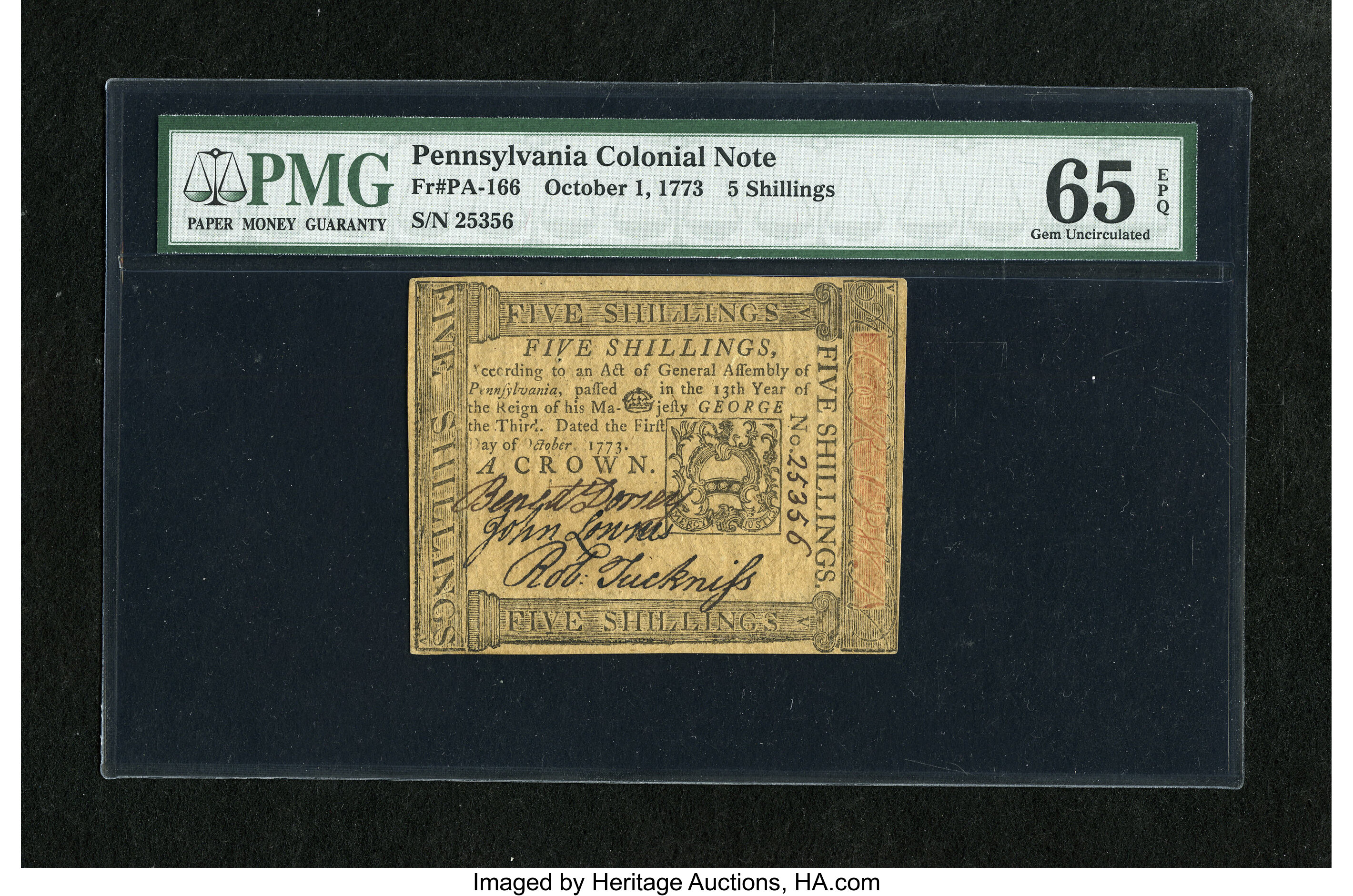 image for: Pennsylvania October 1, 1773 5s PMG Gem Uncirculated 65 EPQ....