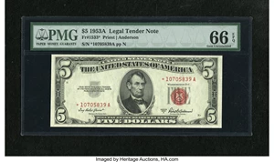 image for: Fr. 1533* $5 1953A Legal Tender Note. PMG Gem Uncirculated 66 EPQ....