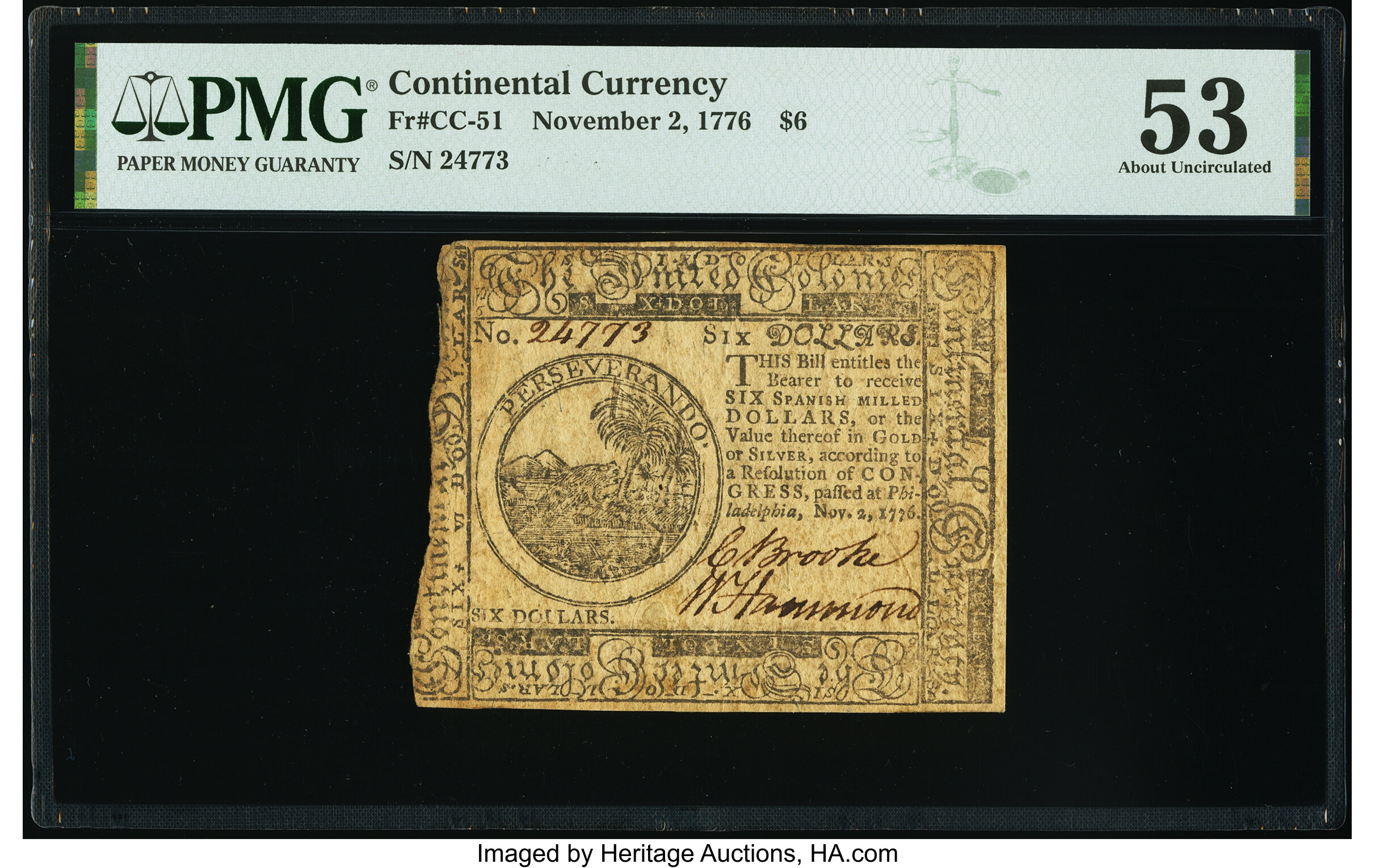 image for: Continental Currency November 2, 1776 $6 PMG About Uncirculated 53....