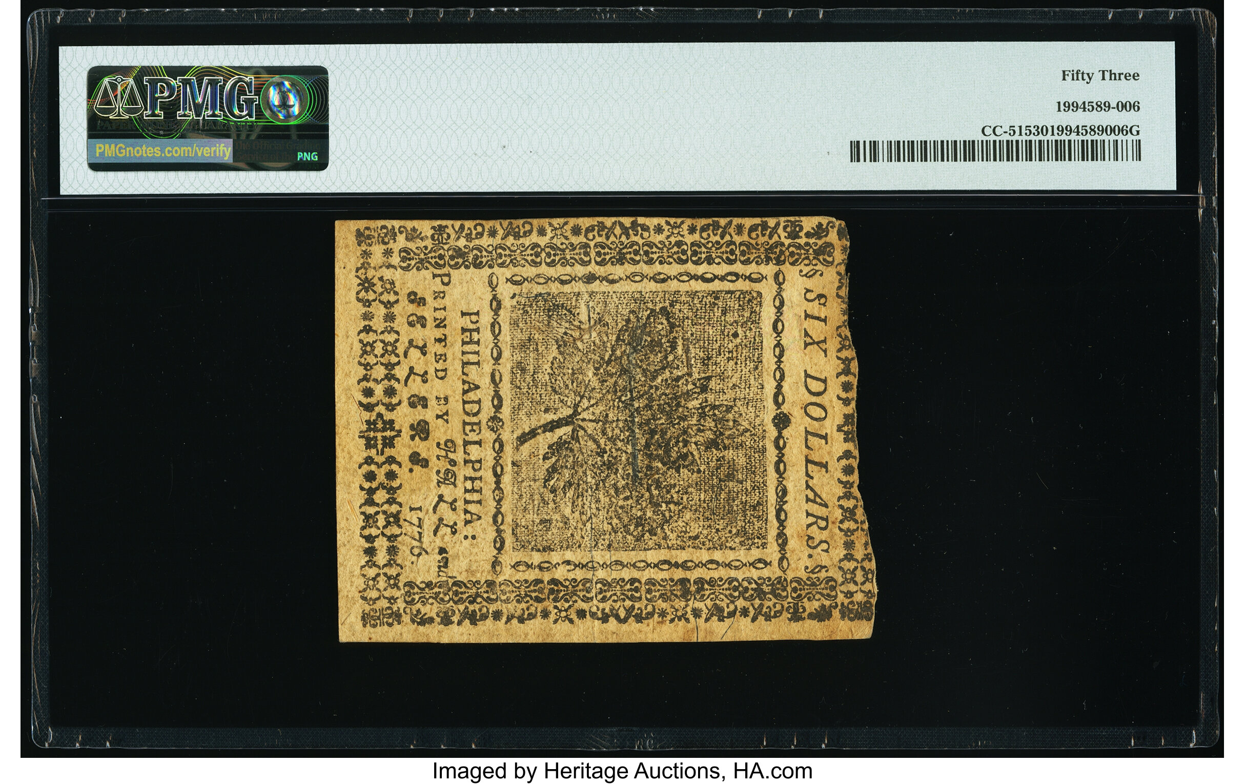 image for: Continental Currency November 2, 1776 $6 PMG About Uncirculated 53....