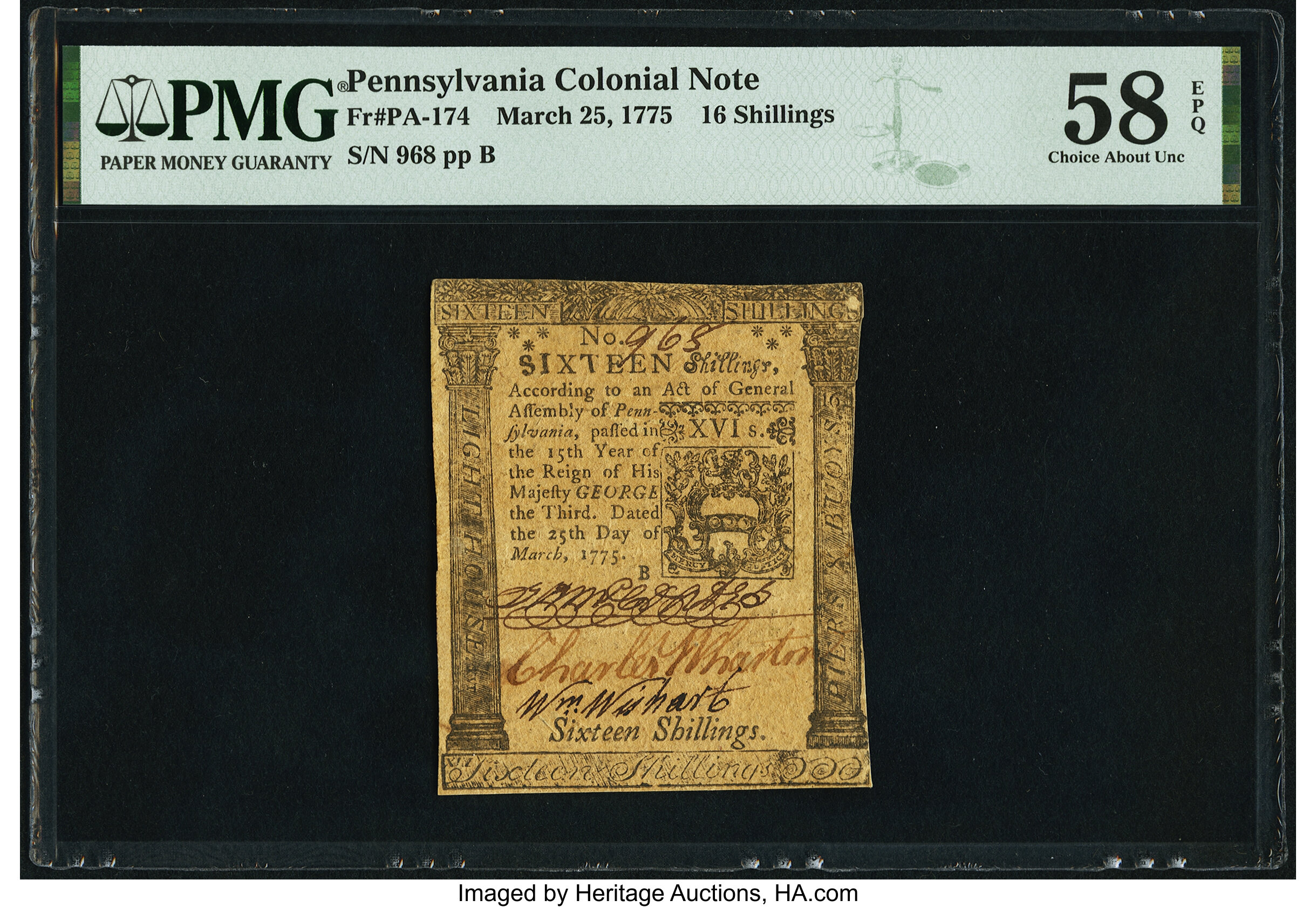 image for: Pennsylvania March 25, 1775 16s PMG Choice About Unc 58 EPQ....