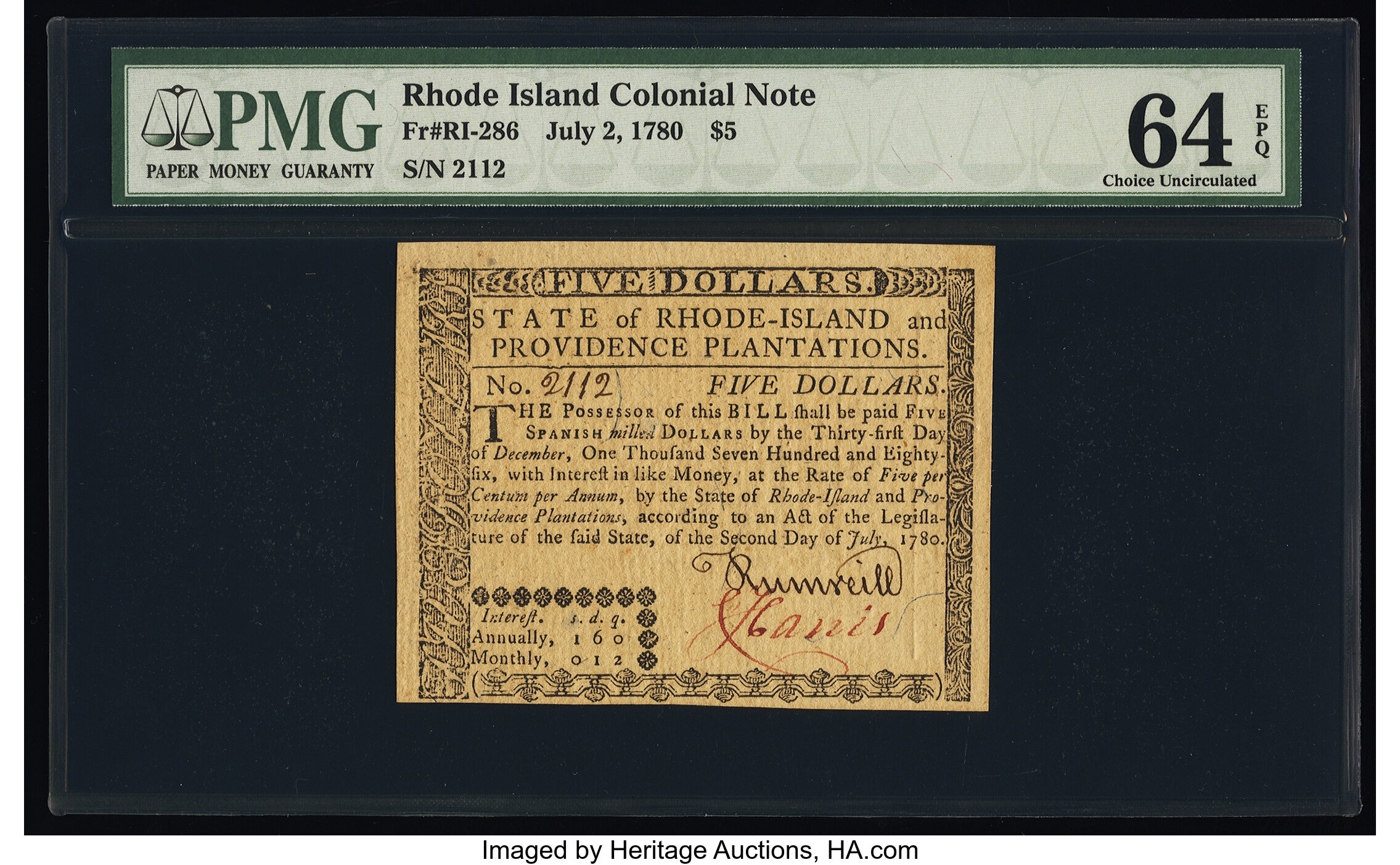 image for: Rhode Island July 2, 1780 $5 PMG Choice Uncirculated 64 EPQ....