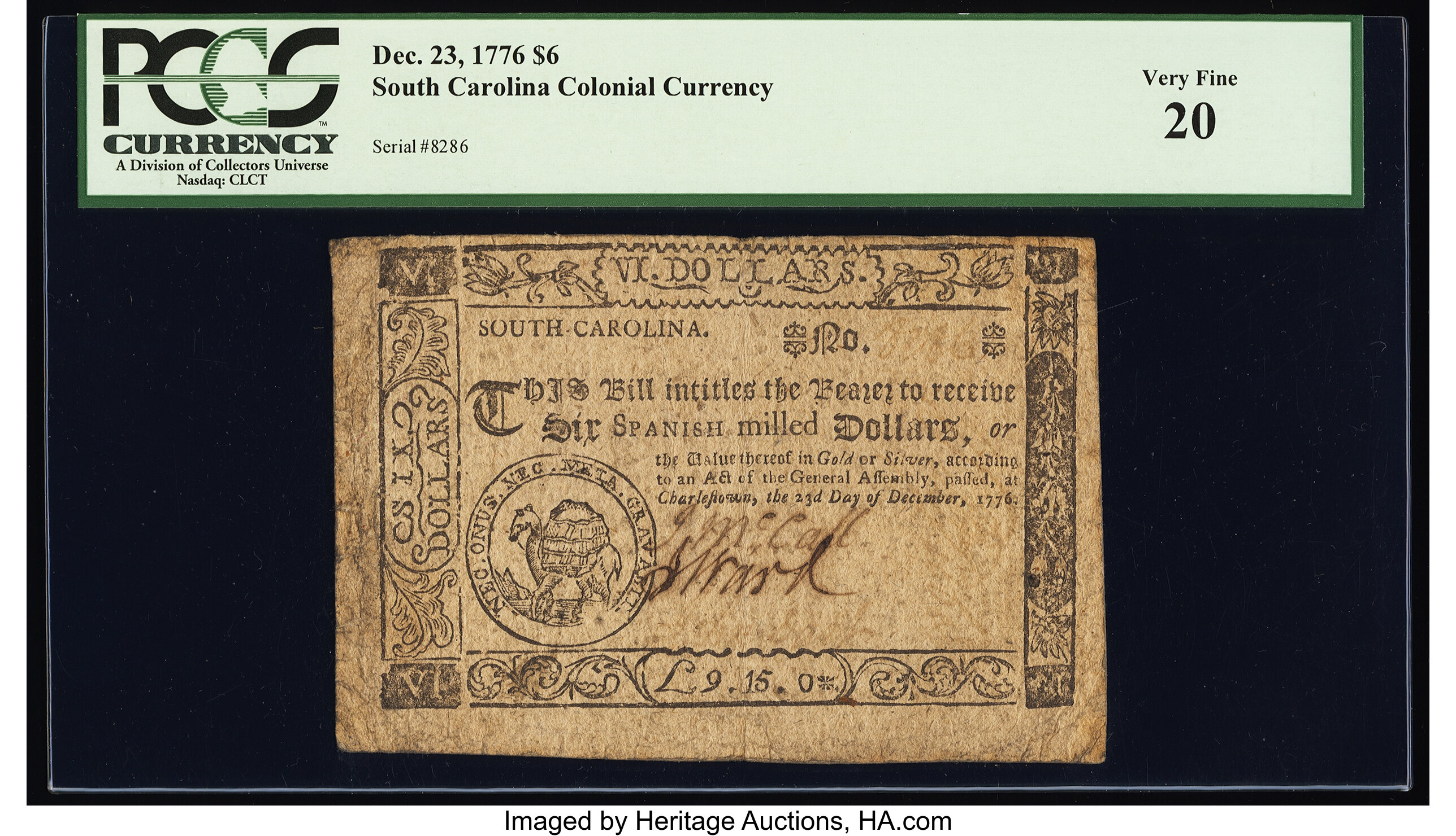 image for: South Carolina December 23, 1776 $6 PCGS Very Fine 20....