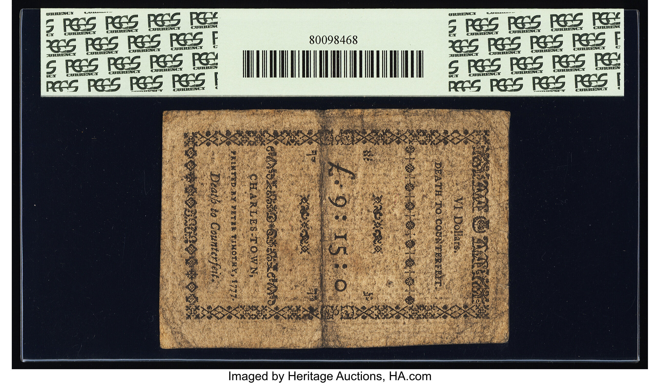 image for: South Carolina December 23, 1776 $6 PCGS Very Fine 20....