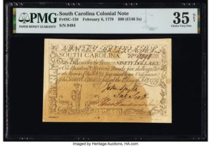 image for: South Carolina February 8, 1779 $90 PMG Choice Very Fine 35 Net....