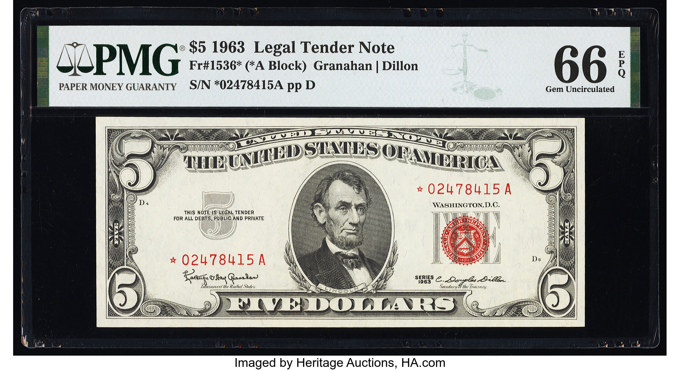 image for: Fr. 1536* $5 1963 Legal Tender Star Note. PMG Gem Uncirculated 66 EPQ....