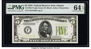 image for: Fr. 1955-F $5 1934 Federal Reserve Note. PMG Choice Uncirculated 64 EPQ....