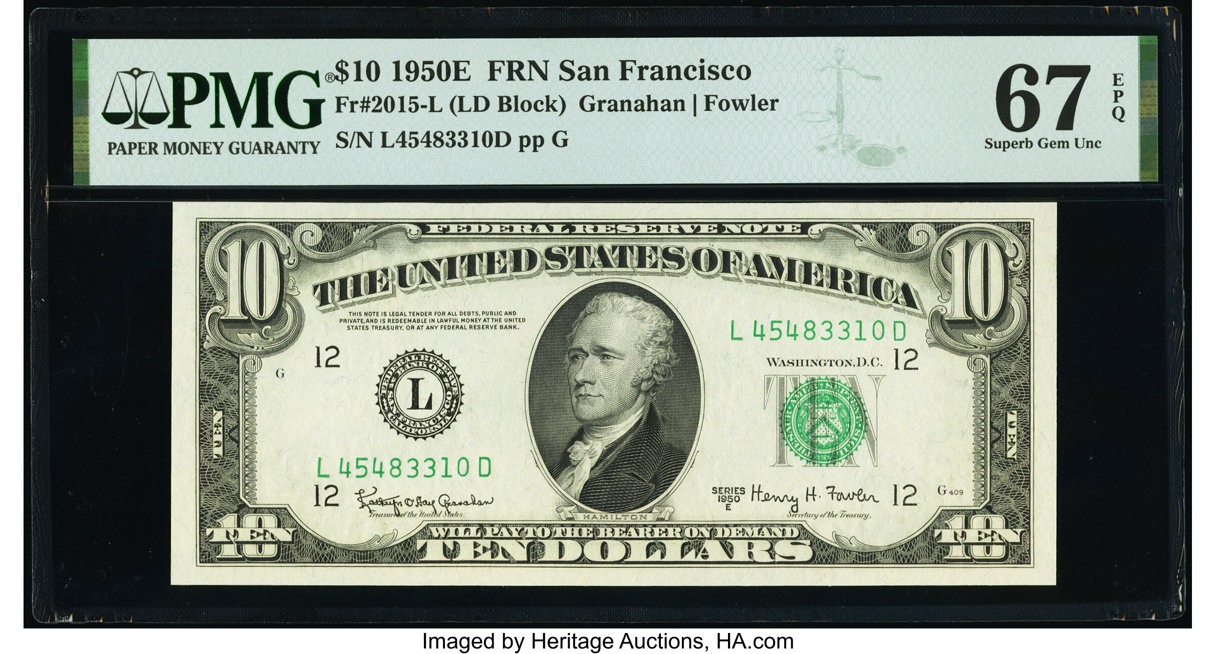 image for: Fr. 2015-L $10 1950E Federal Reserve Note. PMG Superb Gem Unc 67 EPQ....