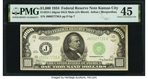 image for: Fr. 2211-J $1,000 1934 Mule Federal Reserve Note. PMG Choice Extremely Fine 45....