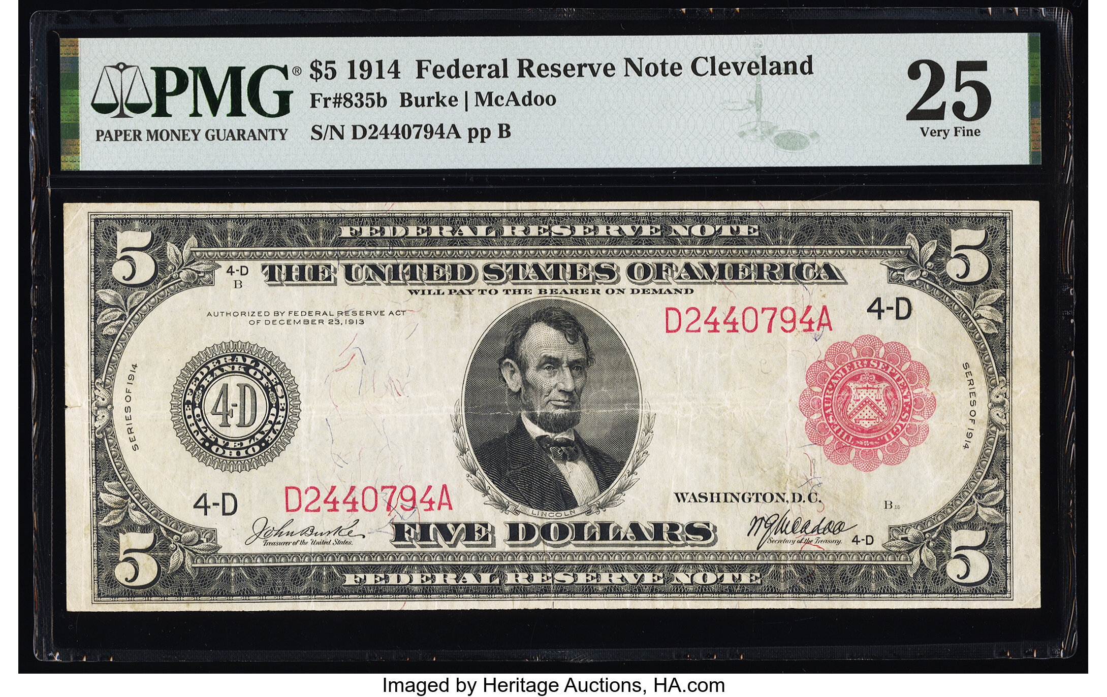 image for: Fr. 835b $5 1914 Red Seal Federal Reserve Note PMG Very Fine 25....