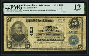 image for: Stevens Point, WI - $5 1902 Plain Back Fr. 604 The Citizens National Bank Ch. # 4912 PMG Fine 12....