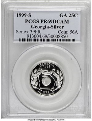 image for: 1999-S 25C Georgia Silver PR69 Deep Cameo PCGS. PCGS Population (4296/24). NGC Census: (4371/452). Numismedia Wsl. Price f...