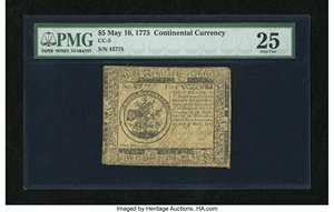 image for: Continental Currency May 10, 1775 $5 PMG Very Fine 25....