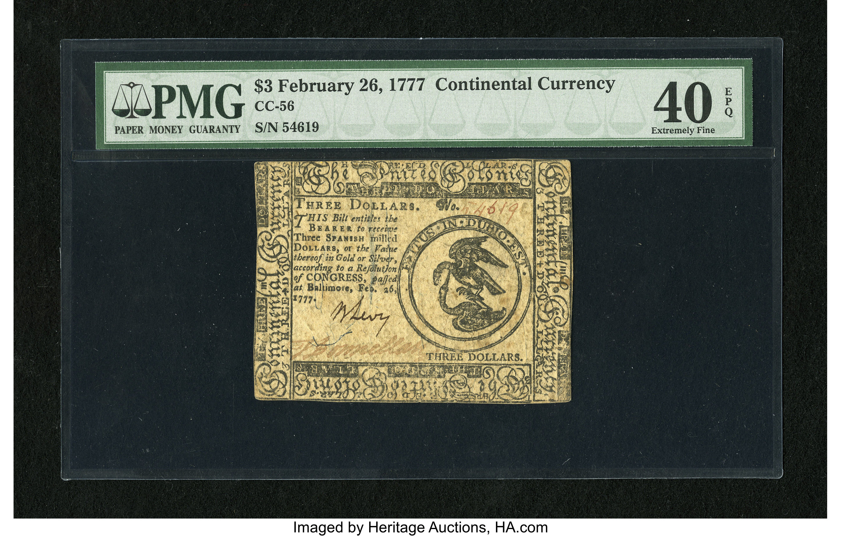 image for: Continental Currency February 26, 1777 $3 PMG Extremely Fine 40 EPQ....