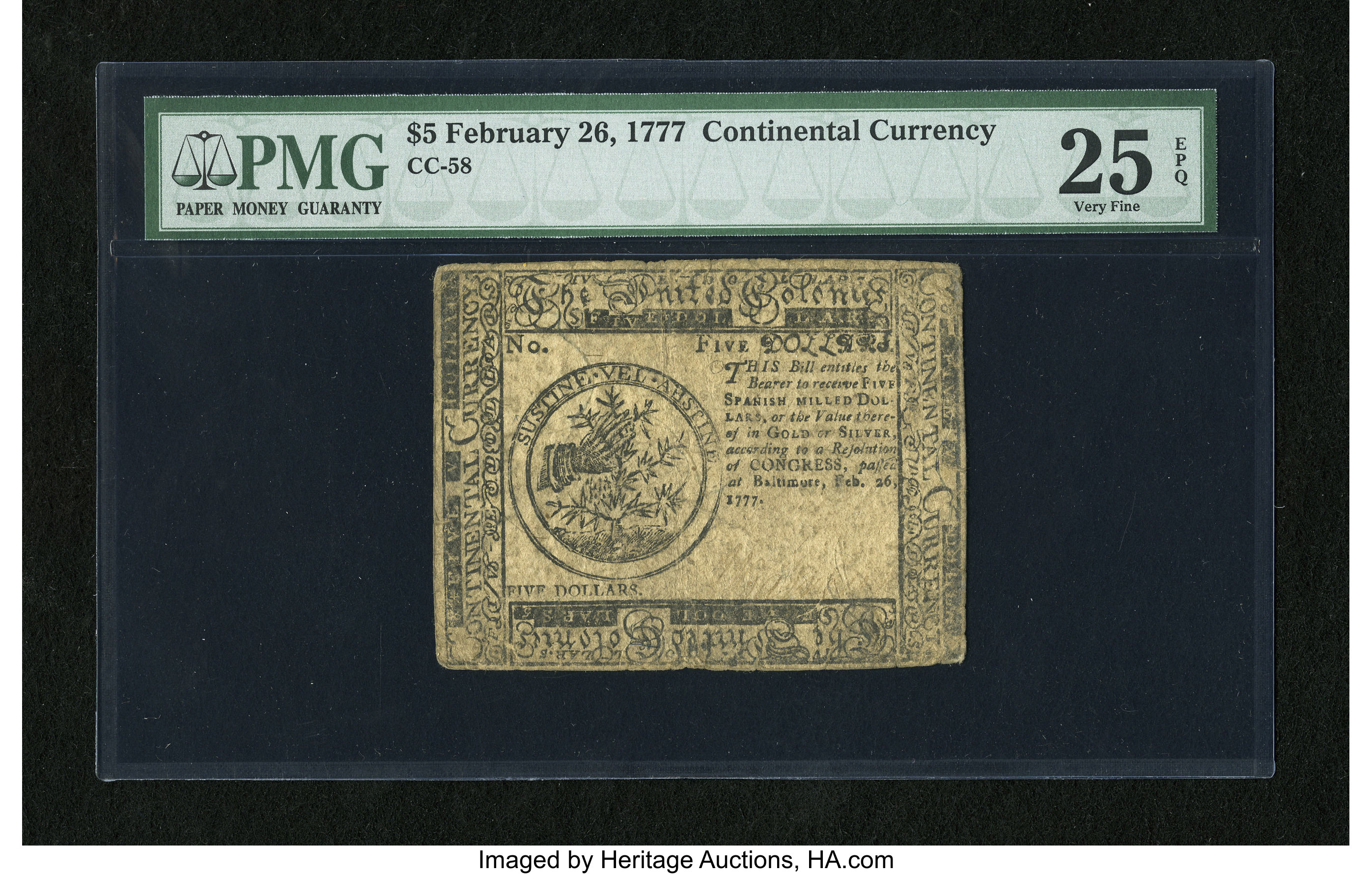 image for: Continental Currency February 26, 1777 $5 PMG Very Fine 25 EPQ....
