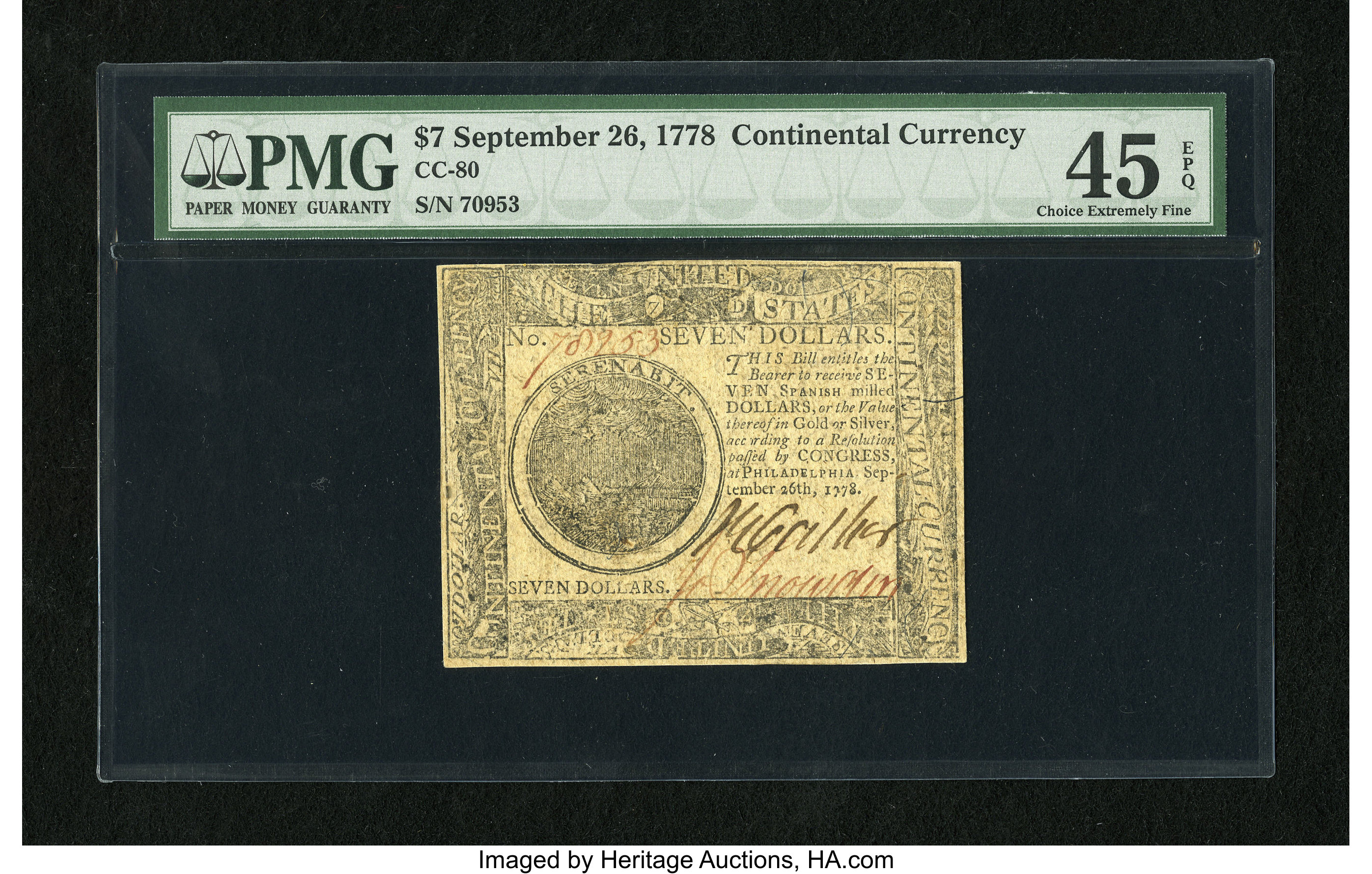 image for: Continental Currency September 26, 1778 $7 PMG Choice Extremely Fine 45 EPQ....