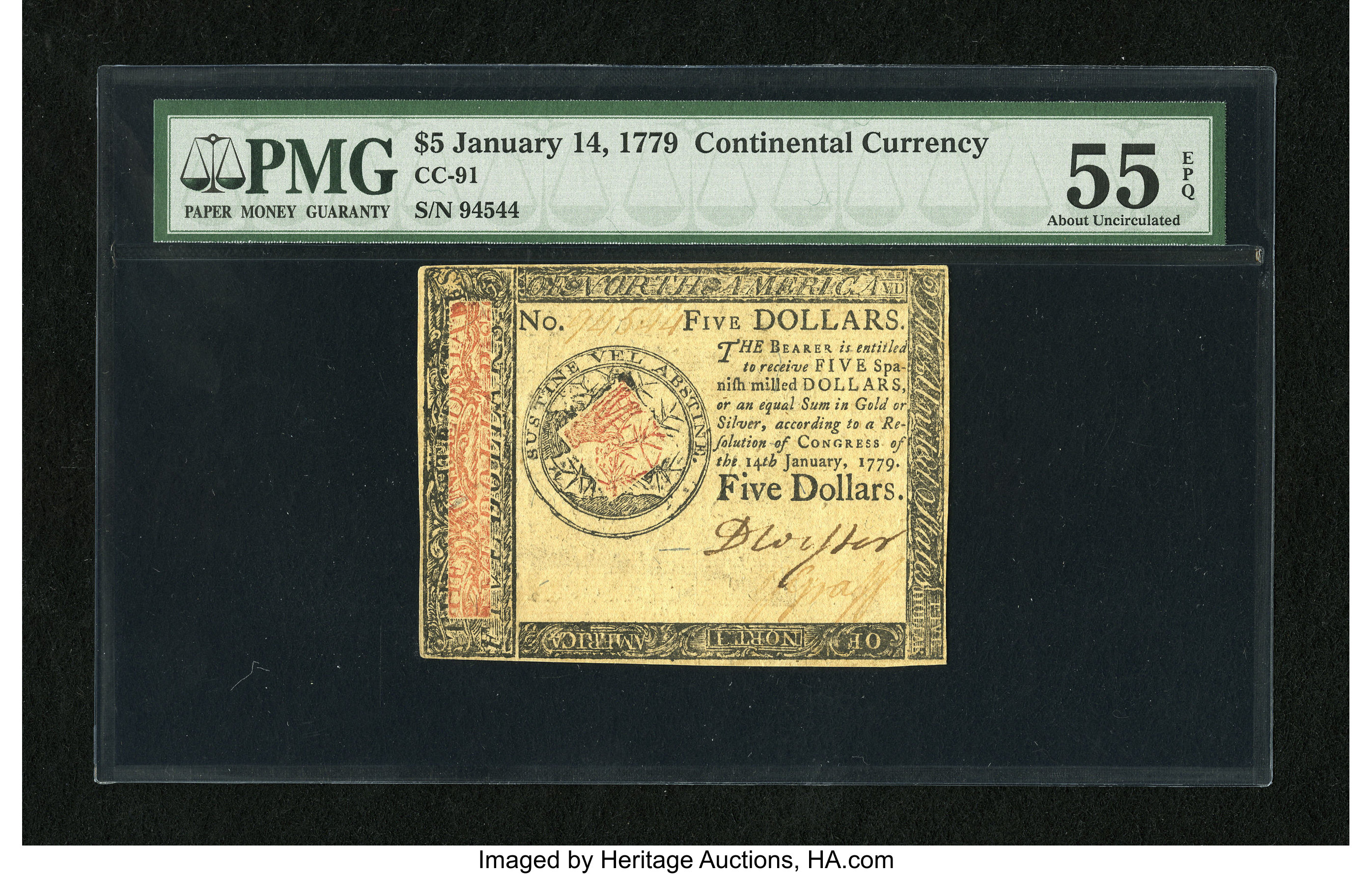 image for: Continental Currency January 14, 1779 $5 PMG About Uncirculated 55 EPQ....