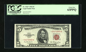 image for: Fr. 1532* $5 1953 Legal Tender Star Note. PCGS Choice New 63PPQ....